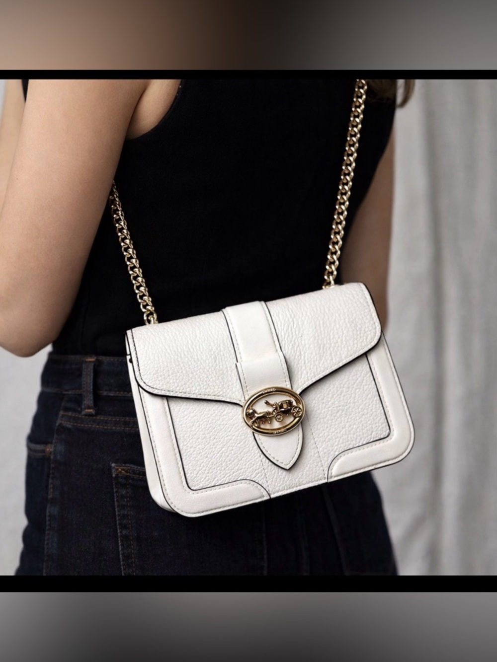 Coach White Pebbled Leather Crossbody with Gold Chain